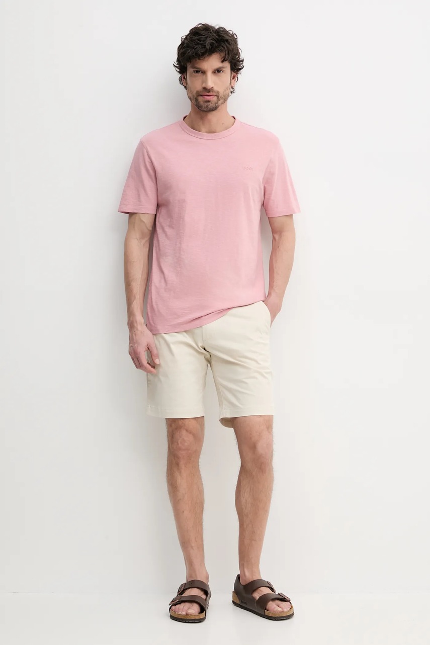 Хлопковая футболка BOSS Orange мужская цвет розовый однотонная 50508243