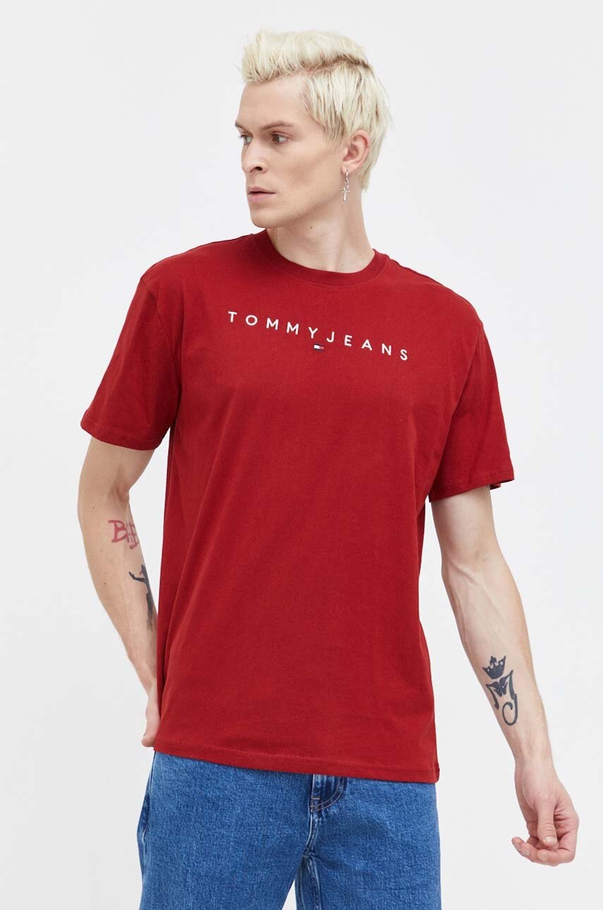 Tommy Jeans tricou din bumbac barbati, culoarea bordo, cu imprimeu