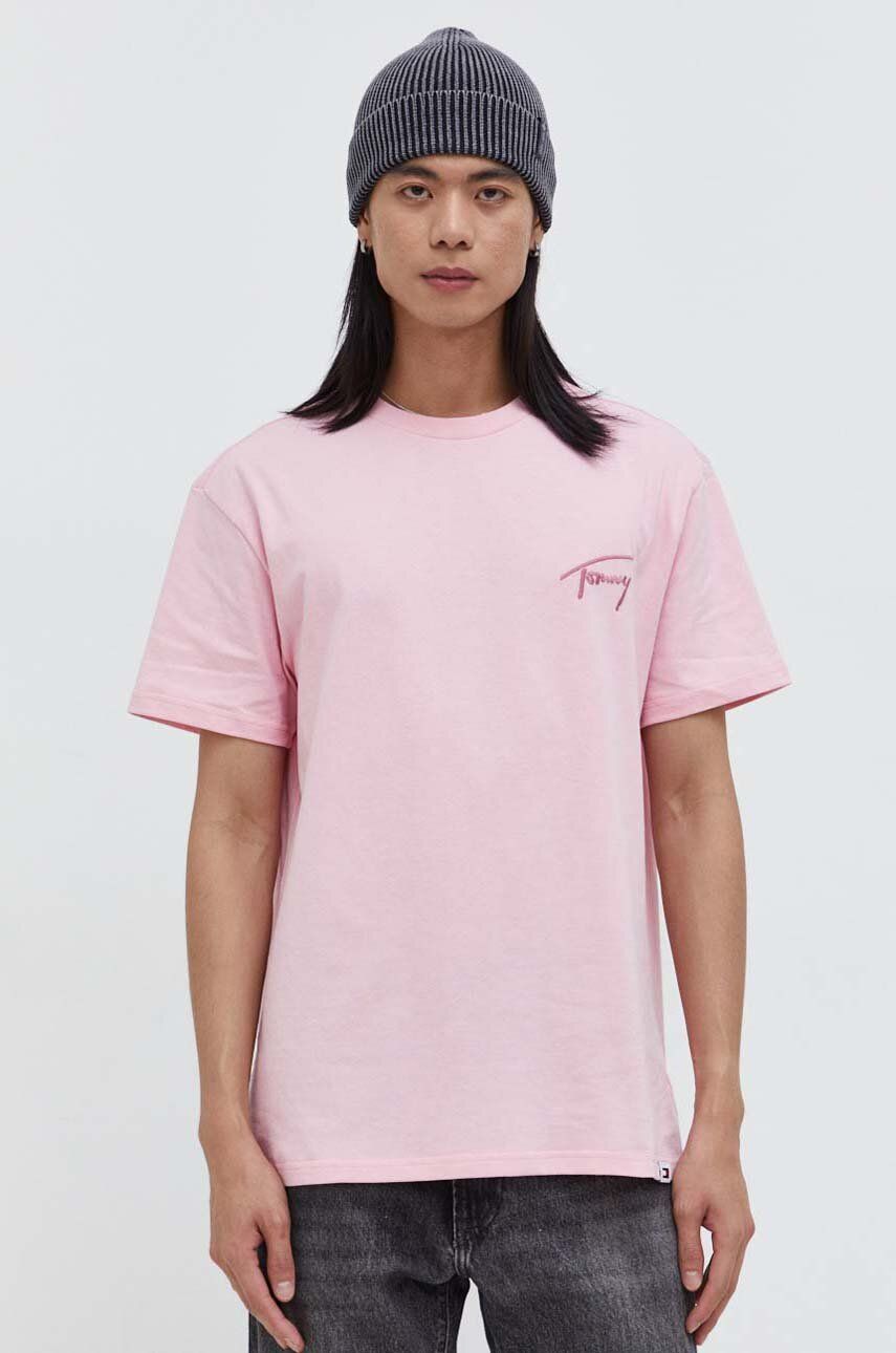 Levně Bavlněné tričko Tommy Jeans růžová barva, s aplikací