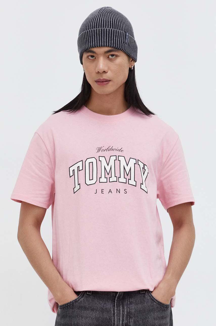 Levně Bavlněné tričko Tommy Jeans růžová barva, s potiskem