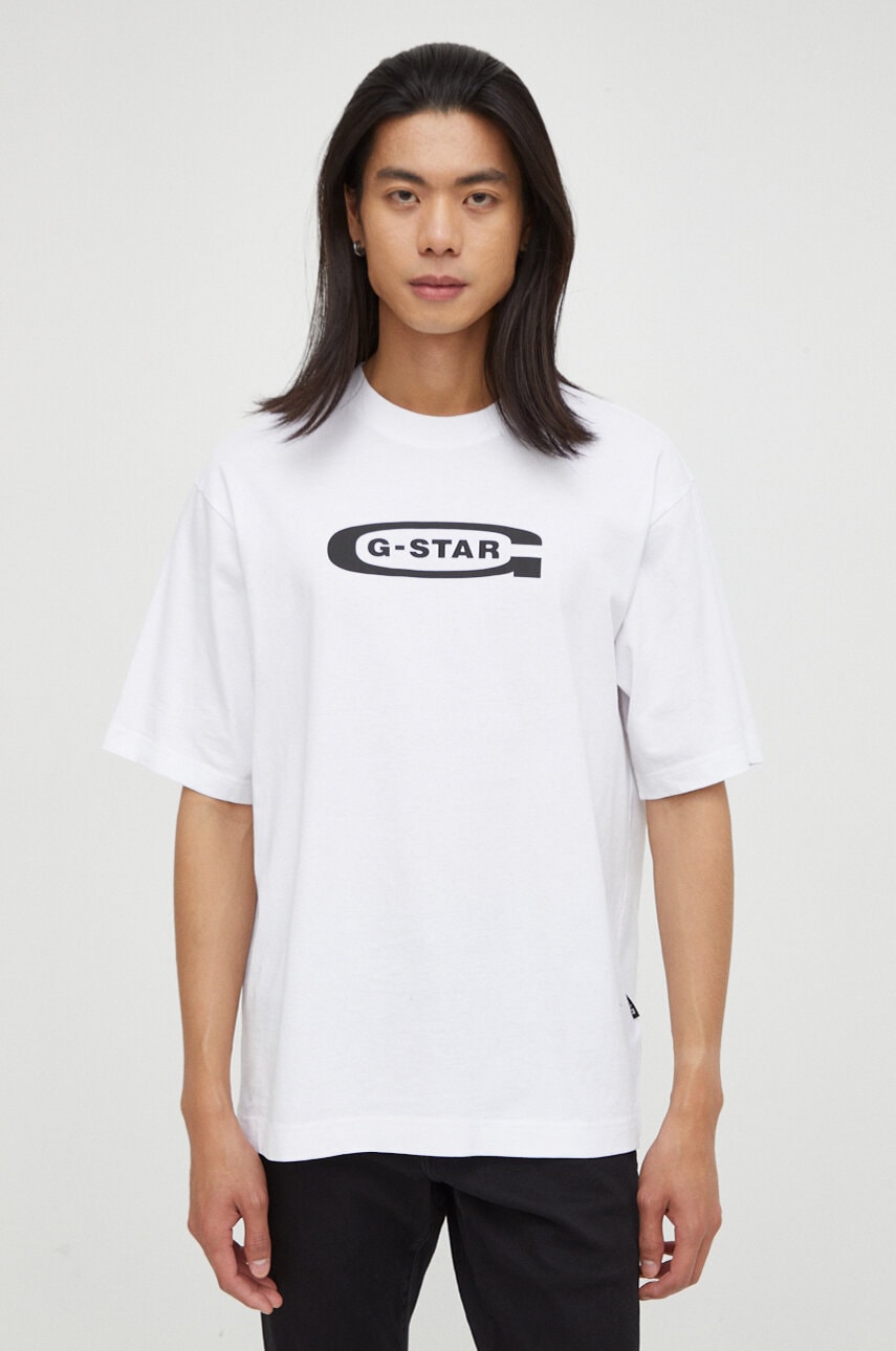 G-Star tricou din bumbac bărbați, culoarea alb, cu imprimeu