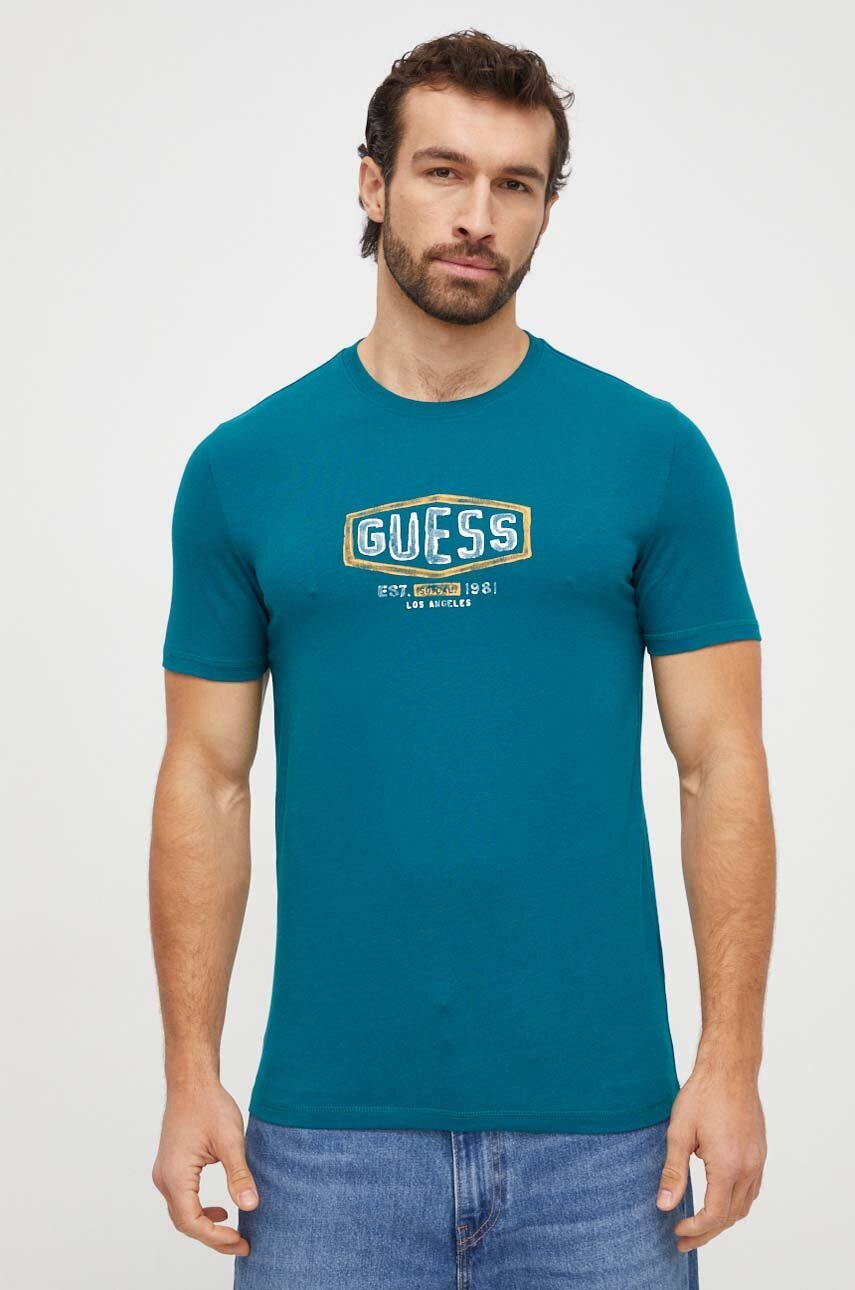 

Памучна тениска Guess в тюркоазено с принт M4RI33 J1314, Тюркоазен