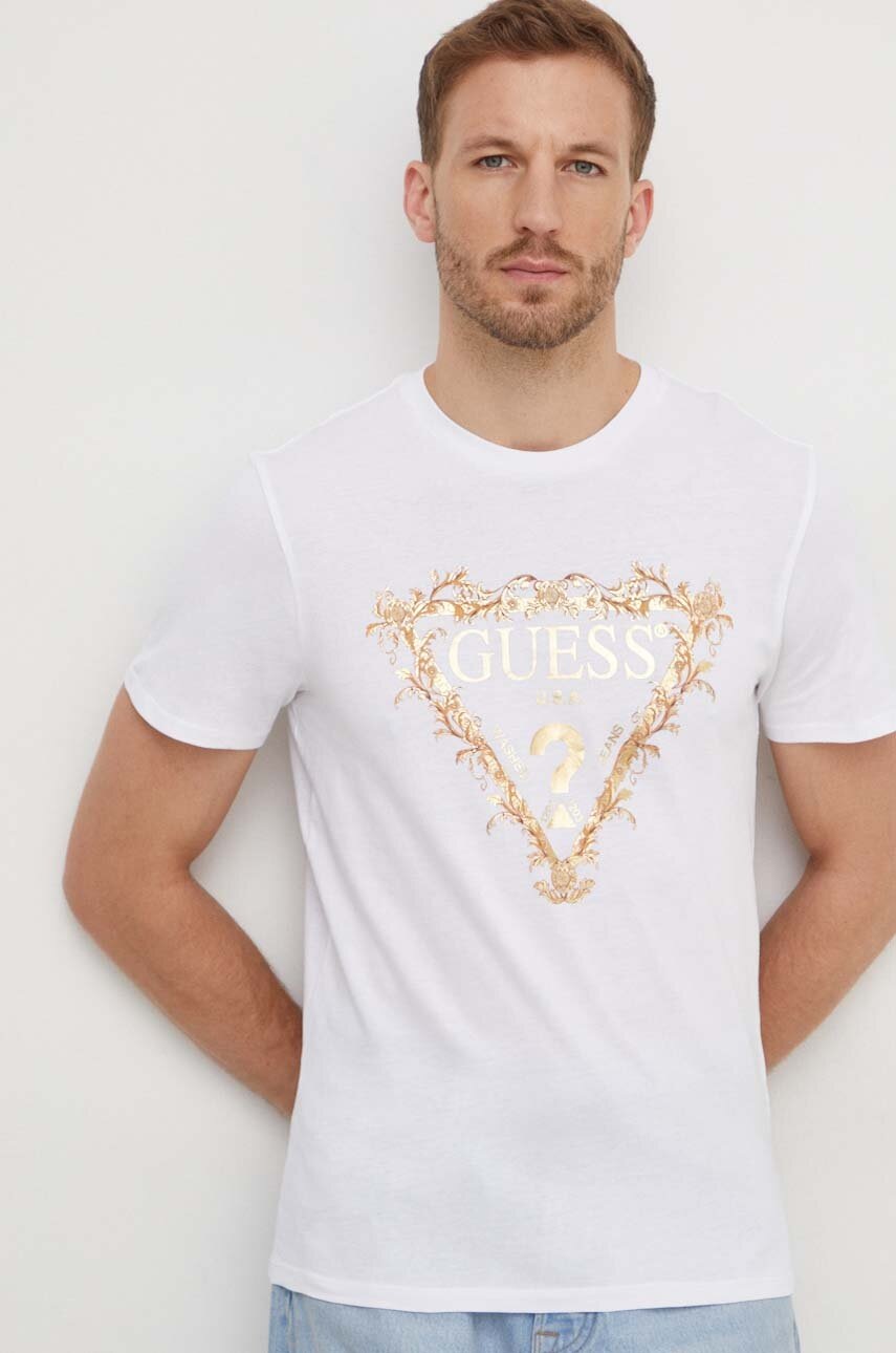 

Бавовняна футболка Guess чоловічий колір білий з принтом