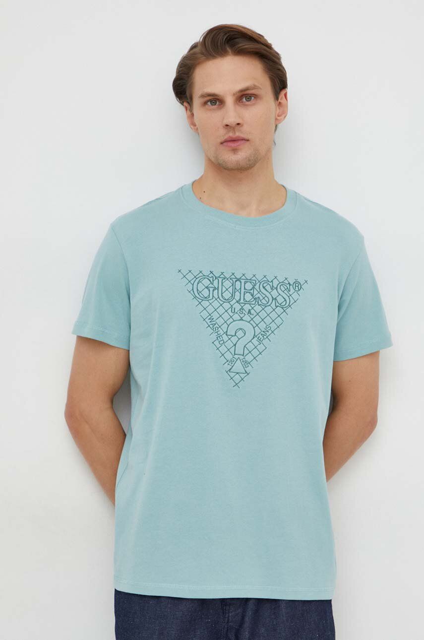 E-shop Bavlněné tričko Guess tyrkysová barva, s aplikací, M4RI27 K8FQ4