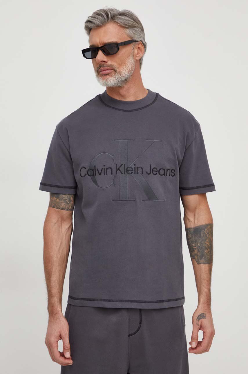 Βαμβακερό μπλουζάκι Calvin Klein Jeans ανδρικά, χρώμα: γκρι