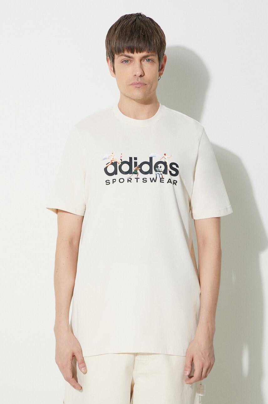 adidas tricou din bumbac bărbați, culoarea bej, cu imprimeu IM8305