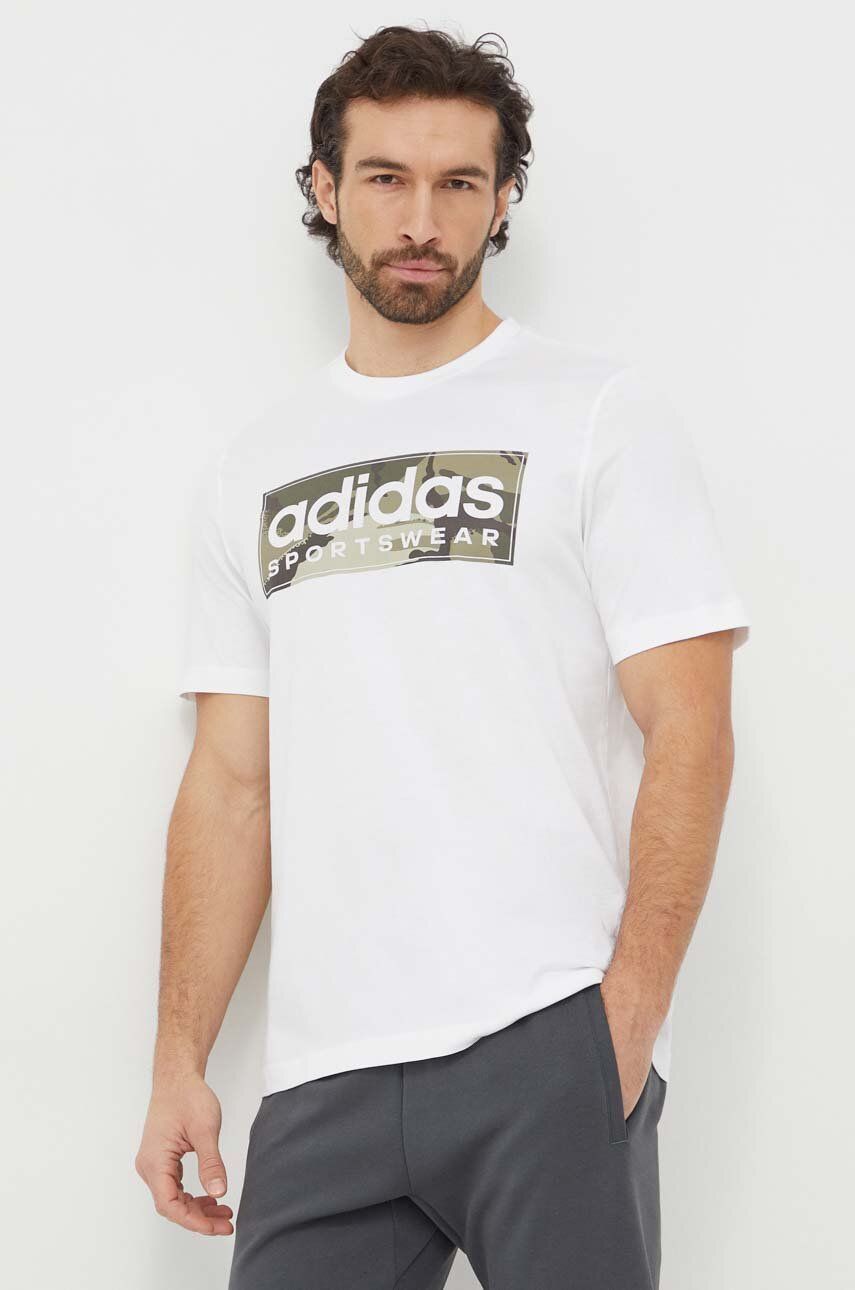 Levně Bavlněné tričko adidas bílá barva, s potiskem, IN6473