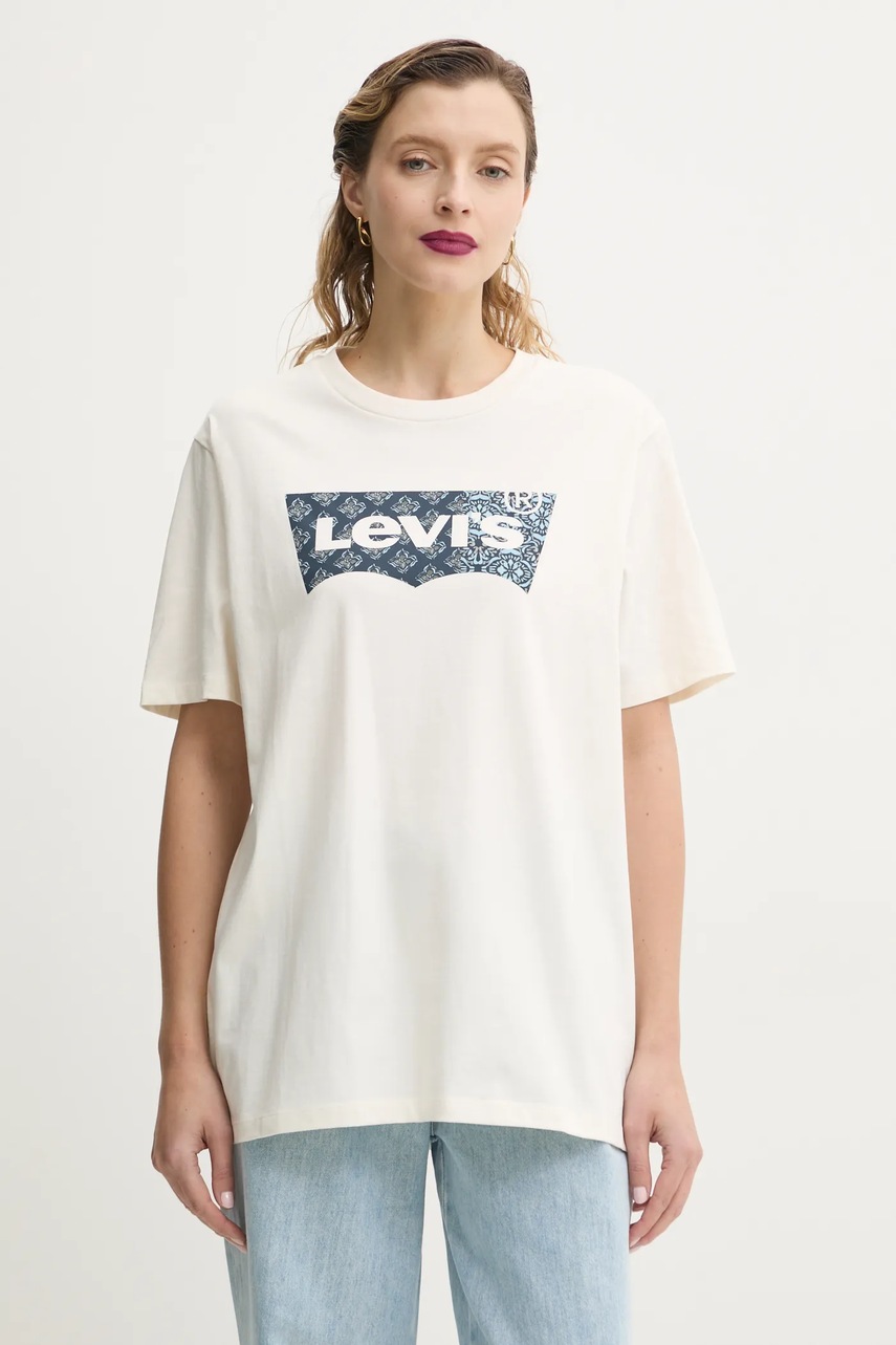 Levi's tricou din bumbac barbati, culoarea bej, cu imprimeu