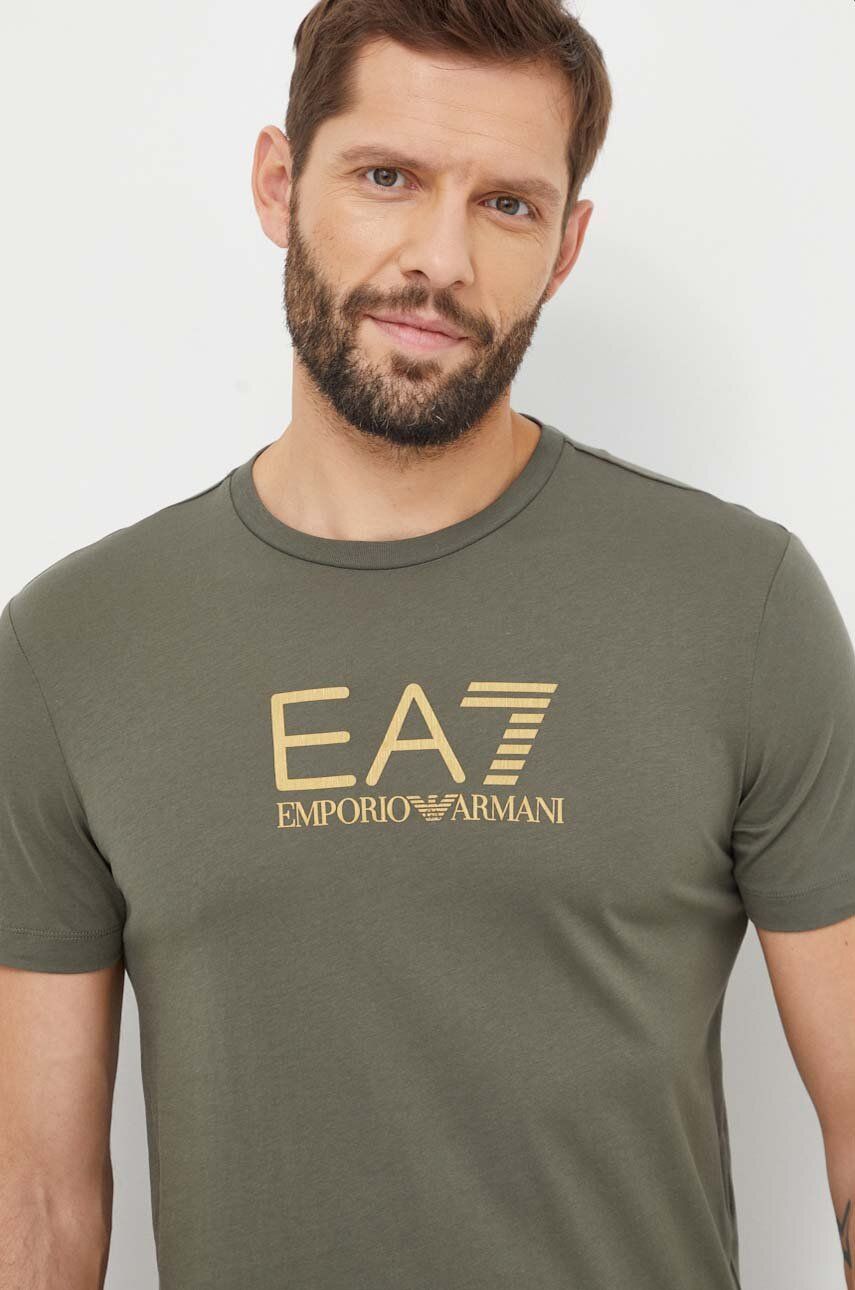 Levně Bavlněné tričko EA7 Emporio Armani zelená barva, s potiskem