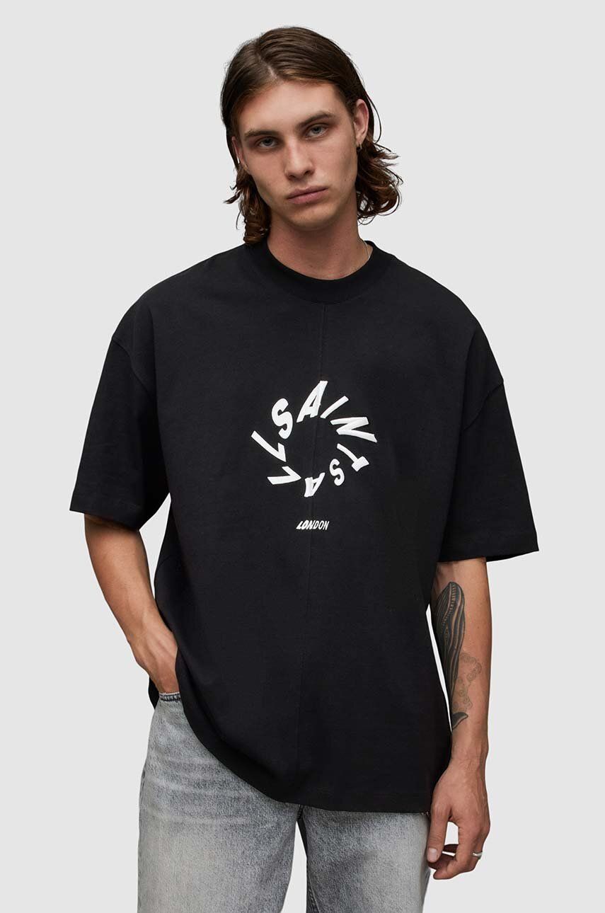 AllSaints tricou din bumbac Halo barbati, culoarea negru, cu imprimeu