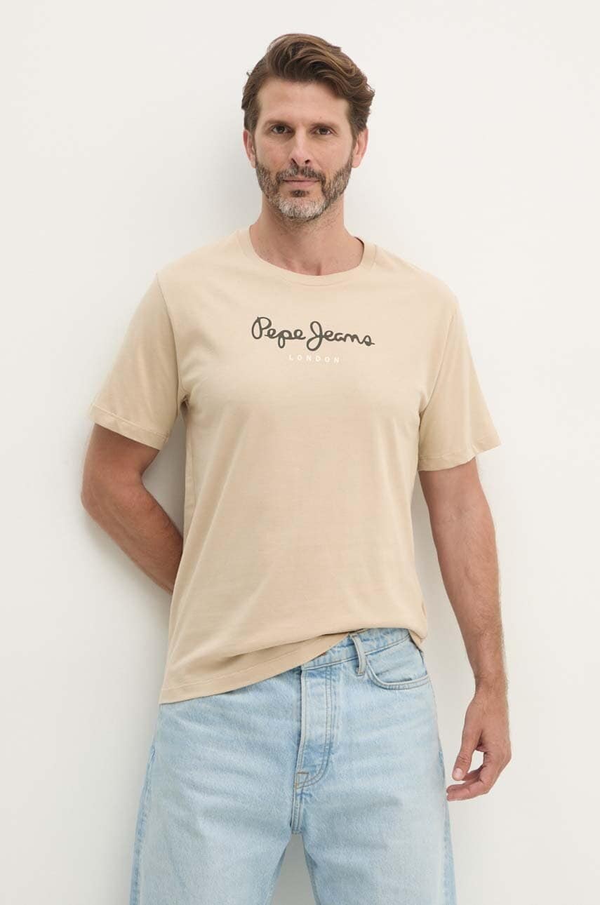 Pepe Jeans tricou din bumbac Eggo barbati, culoarea bej, cu imprimeu, PM508208 Pepe Jeans tricou din bumbac Eggo barbati, culoarea bej, cu imprimeu, PM508208