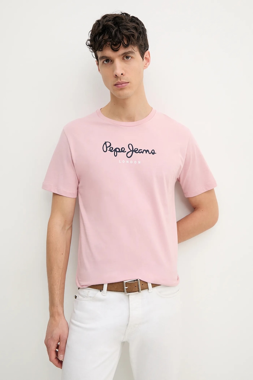Pepe Jeans tricou din bumbac Eggo barbati, culoarea roz, cu imprimeu, PM508208