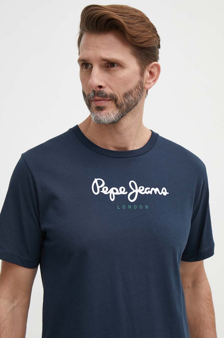 Pepe Jeans tricou din bumbac Eggo barbati, culoarea albastru marin, cu imprimeu