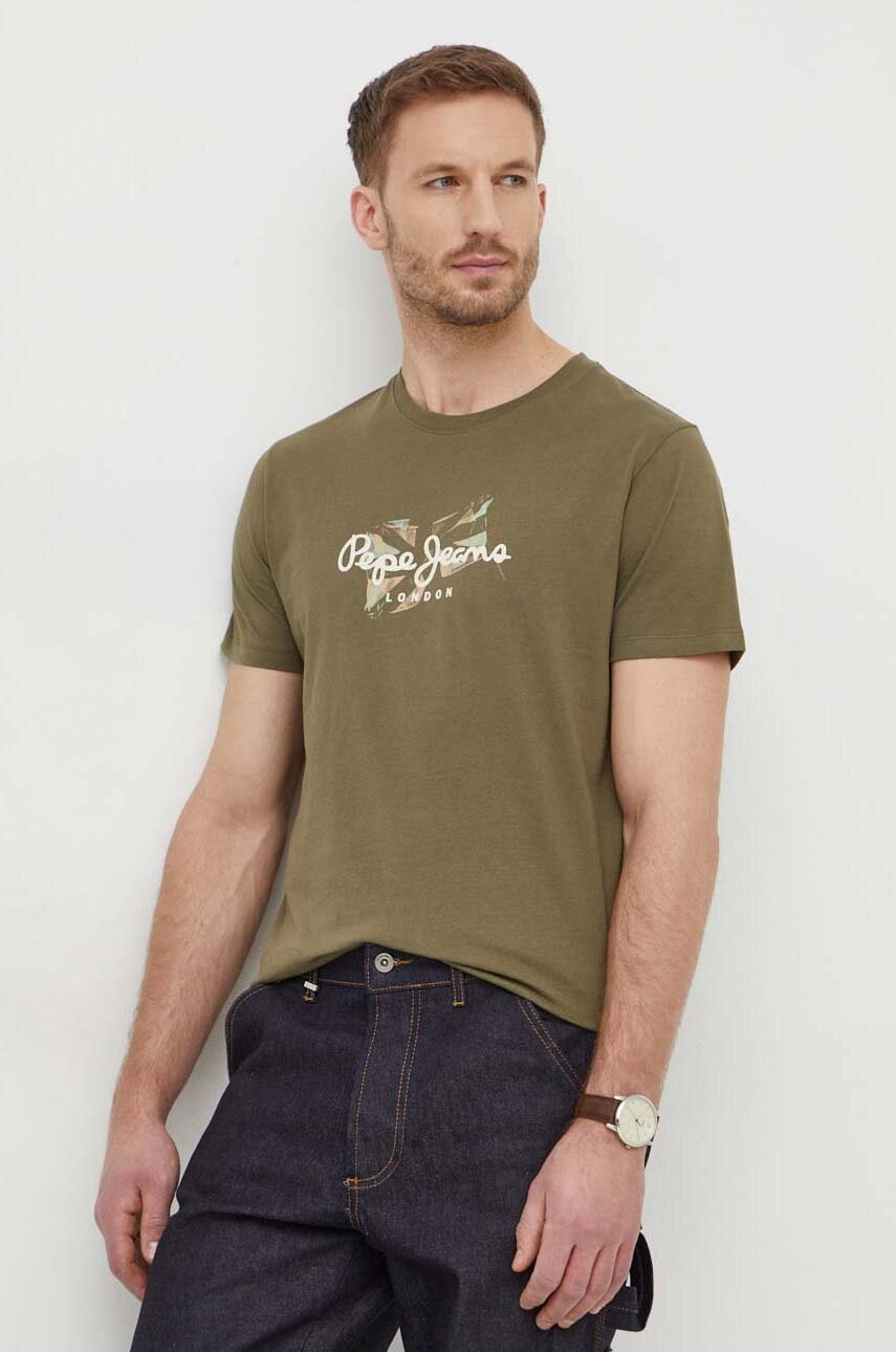 Pepe Jeans tricou din bumbac Count barbati, culoarea verde, cu imprimeu