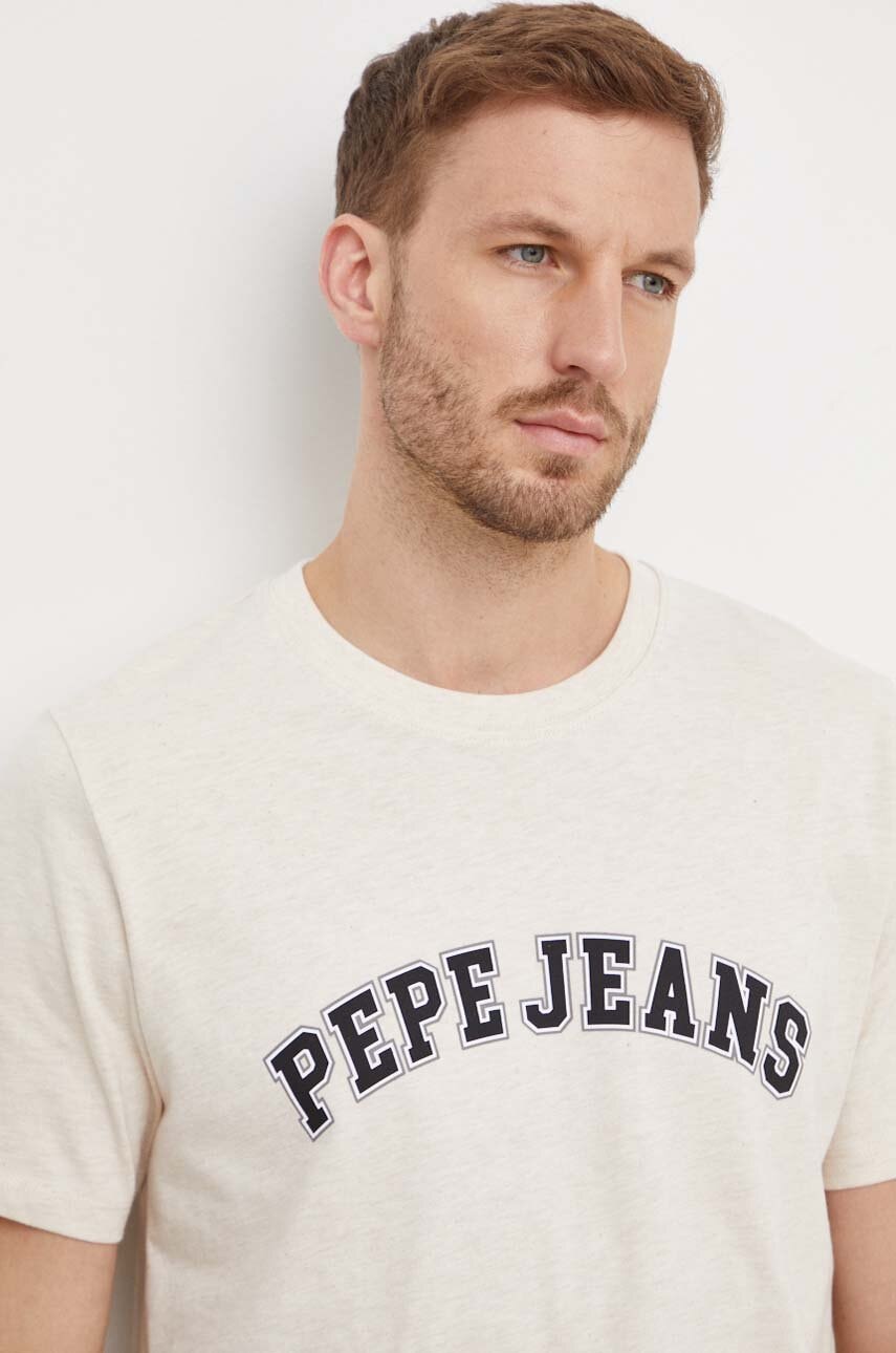 Pepe Jeans tricou din bumbac barbati, culoarea bej, cu imprimeu