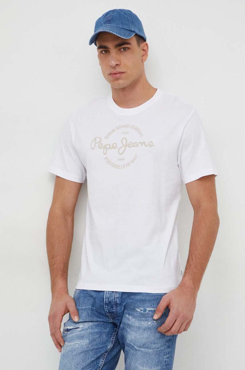 Pepe Jeans tricou din bumbac Craigton barbati, culoarea alb, cu imprimeu