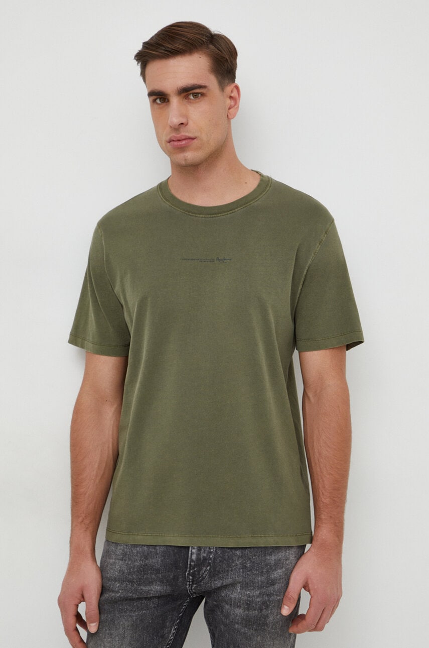 Pepe Jeans Tricou Din Bumbac Dave Tee Barbati, Culoarea Verde, Cu Imprimeu