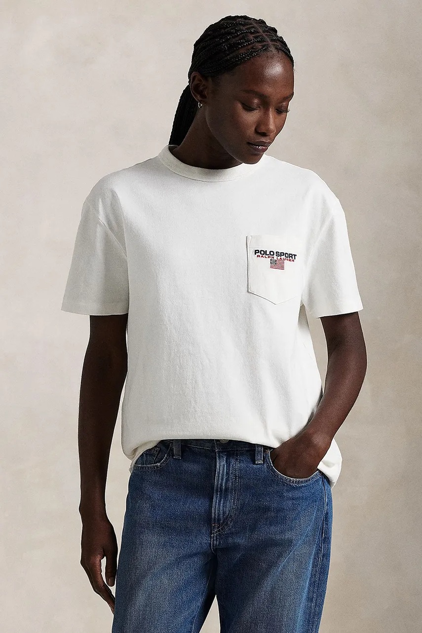 

Памучна тениска Polo Ralph Lauren в тъмносиньо с апликация 710938452, Бял