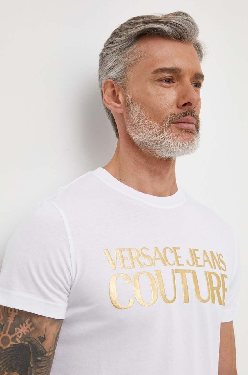 Bavlněné tričko Versace Jeans Couture bílá barva, s potiskem, 76GAHT00 CJ00T