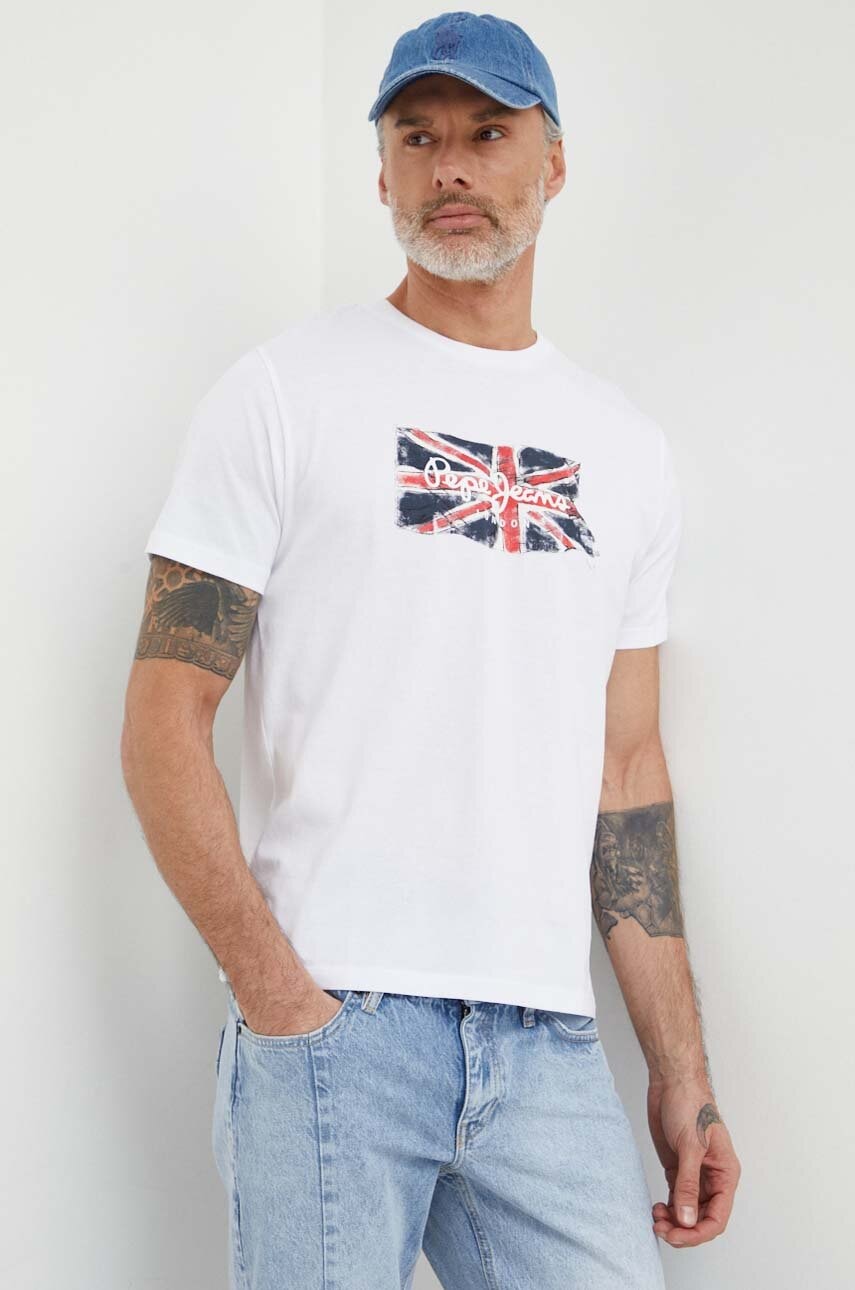 Pepe Jeans tricou din bumbac Clag barbati, culoarea alb, cu imprimeu, PM509384