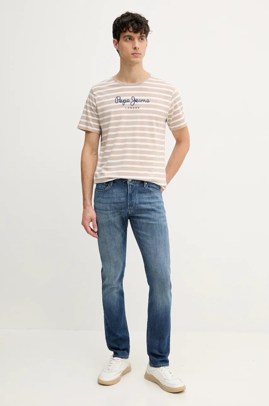 Хлопковая футболка Pepe Jeans мужской цвет бежевый узорный Хлопковая футболка Pepe Jeans мужской цвет бежевый узорный