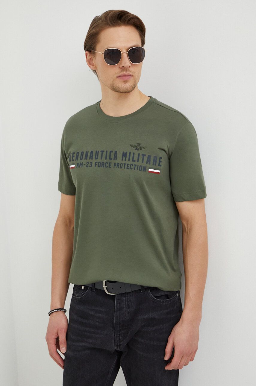 Aeronautica Militare Tricou Din Bumbac Barbati, Culoarea Verde, Cu Imprimeu