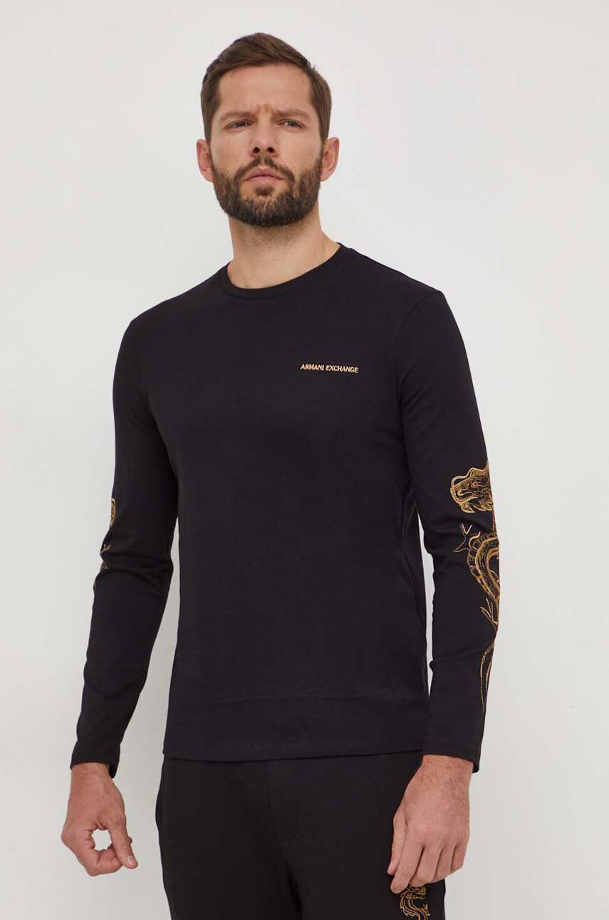 Levně Bavlněné tričko s dlouhým rukávem Armani Exchange černá barva, s aplikací, 3DZTDE ZJ9JZ