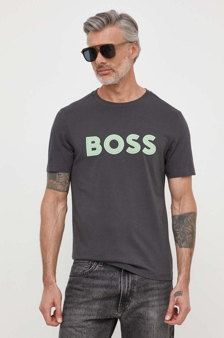 Boss Green tricou din bumbac barbati, culoarea gri, cu imprimeu