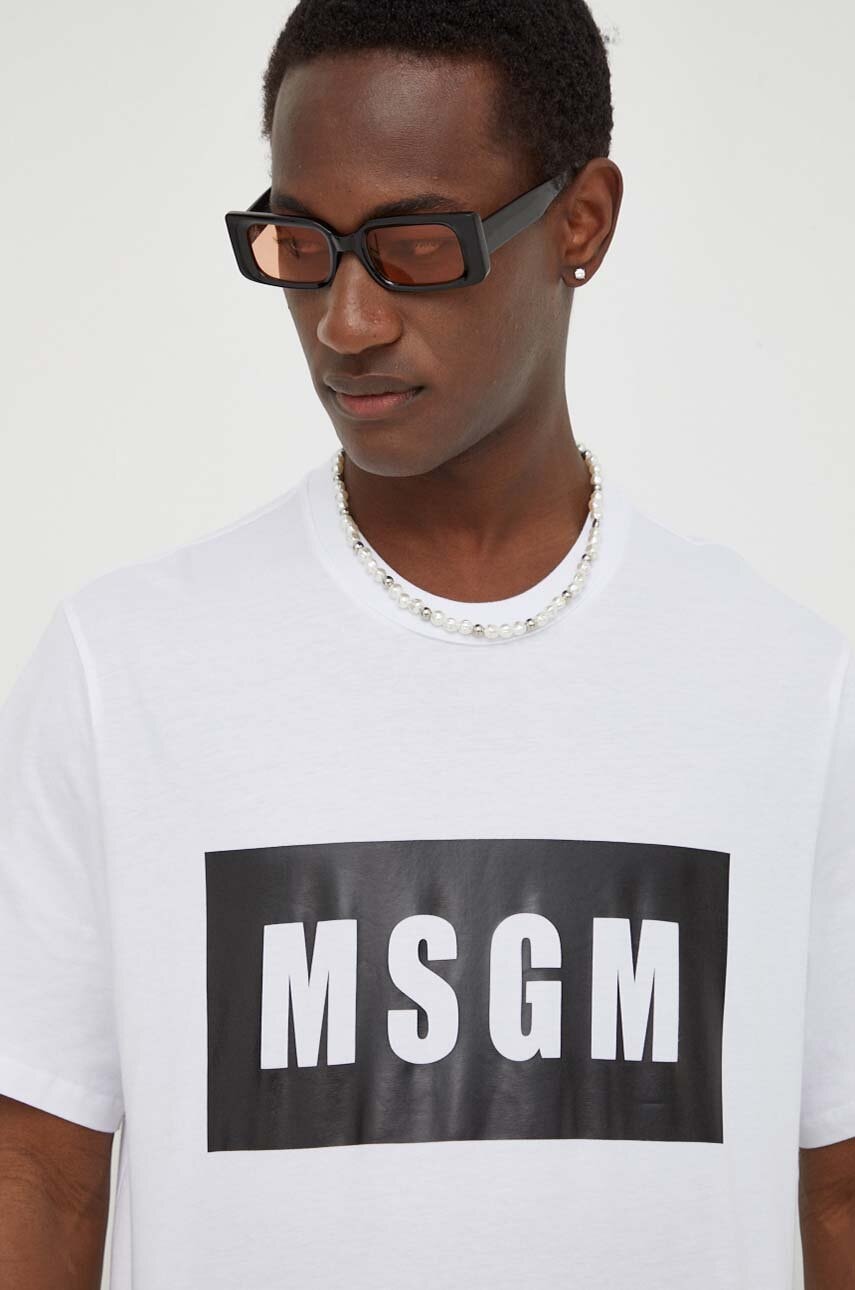 MSGM tricou din bumbac barbati, culoarea alb, cu imprimeu