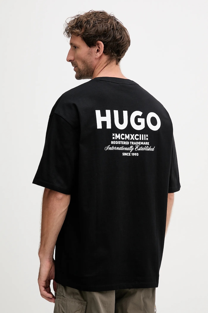 Hugo Blue tricou din bumbac culoarea roz, cu imprimeu