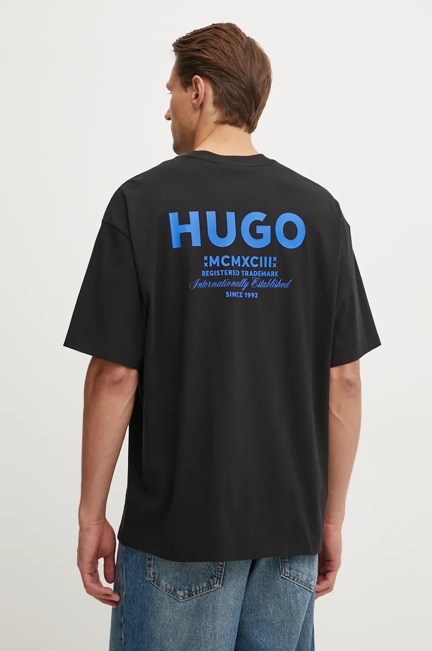 

Памучна тениска Hugo Blue в черно с принт, Черен
