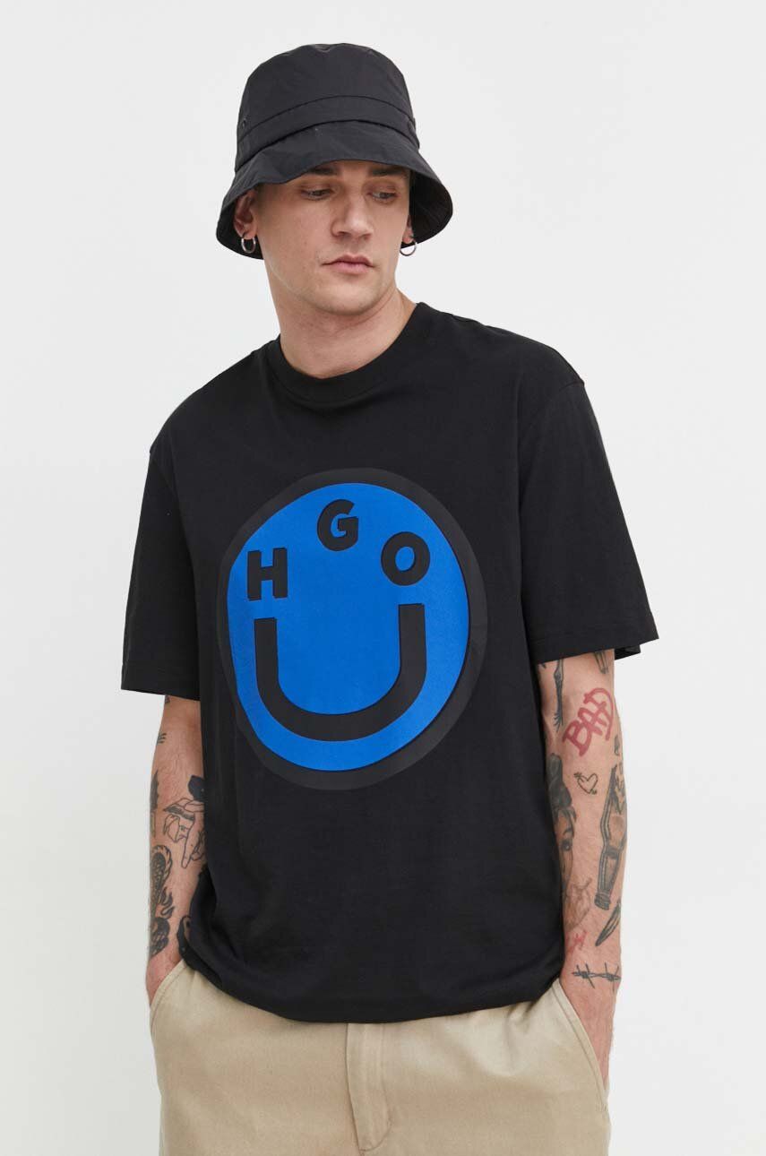 Hugo Blue tricou din bumbac barbati, culoarea negru, cu impr