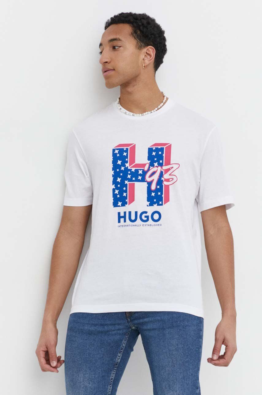 Hugo Blue tricou din bumbac barbati, culoarea alb, cu imprimeu