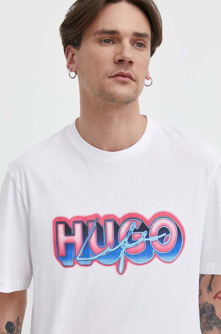 Hugo Blue tricou din bumbac barbati, culoarea alb, cu imprimeu