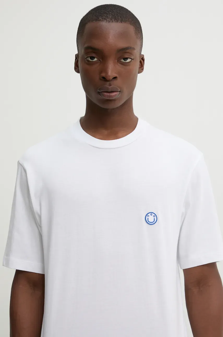 Hugo Blue tricou din bumbac barbati, culoarea alb, neted, 50519984