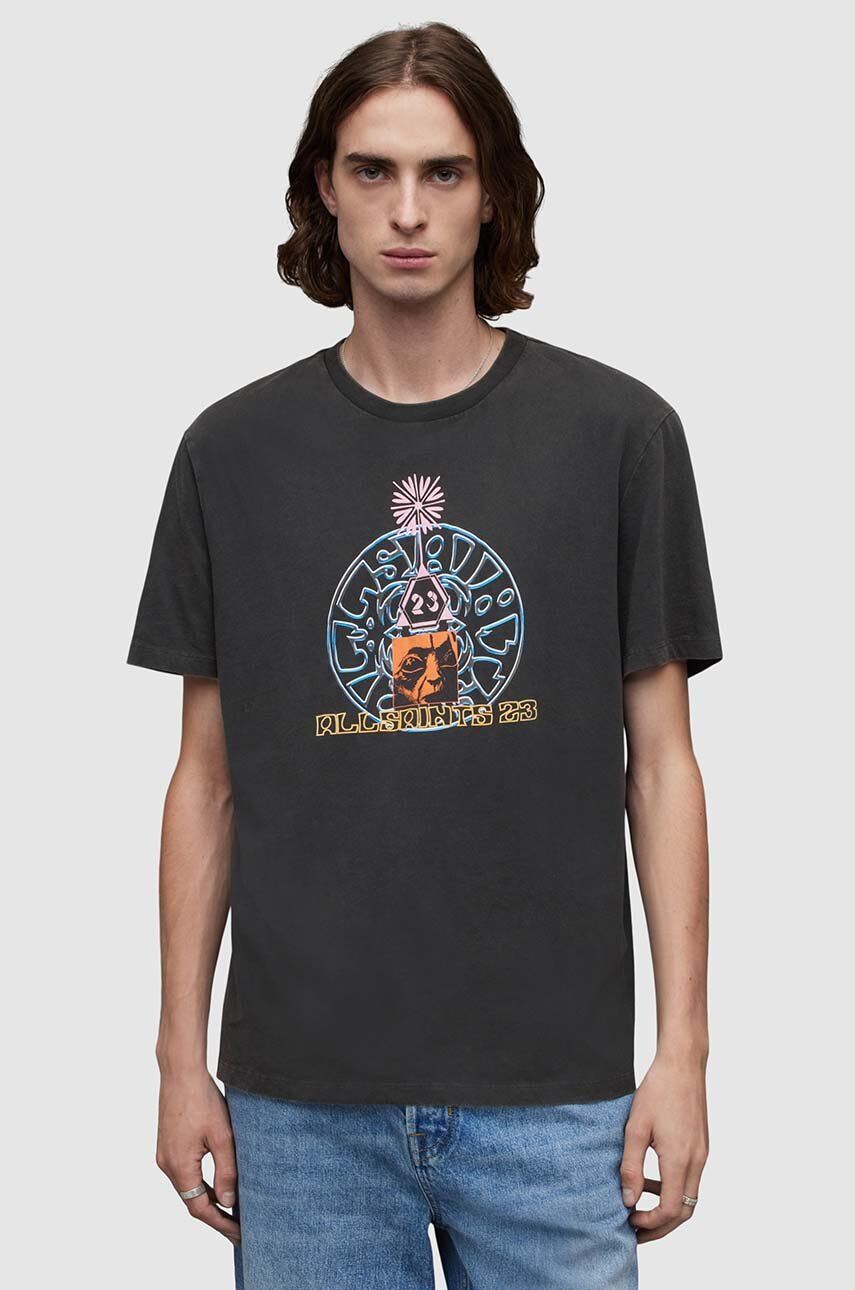 Levně Bavlněné tričko AllSaints Dimension černá barva, s potiskem