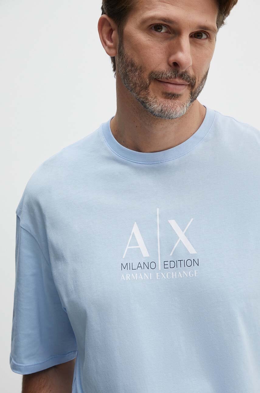 

Памучна тениска Armani Exchange в синьо с принт, Син