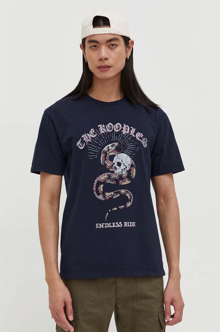 The Kooples tricou din bumbac barbati, culoarea albastru marin, cu imprimeu