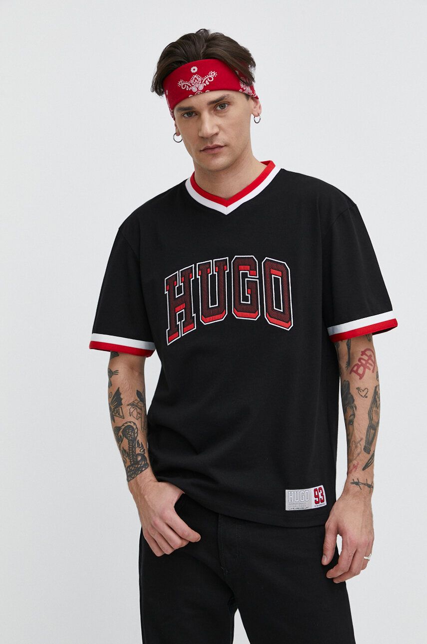 HUGO tricou din bumbac barbati, culoarea negru, cu imprimeu