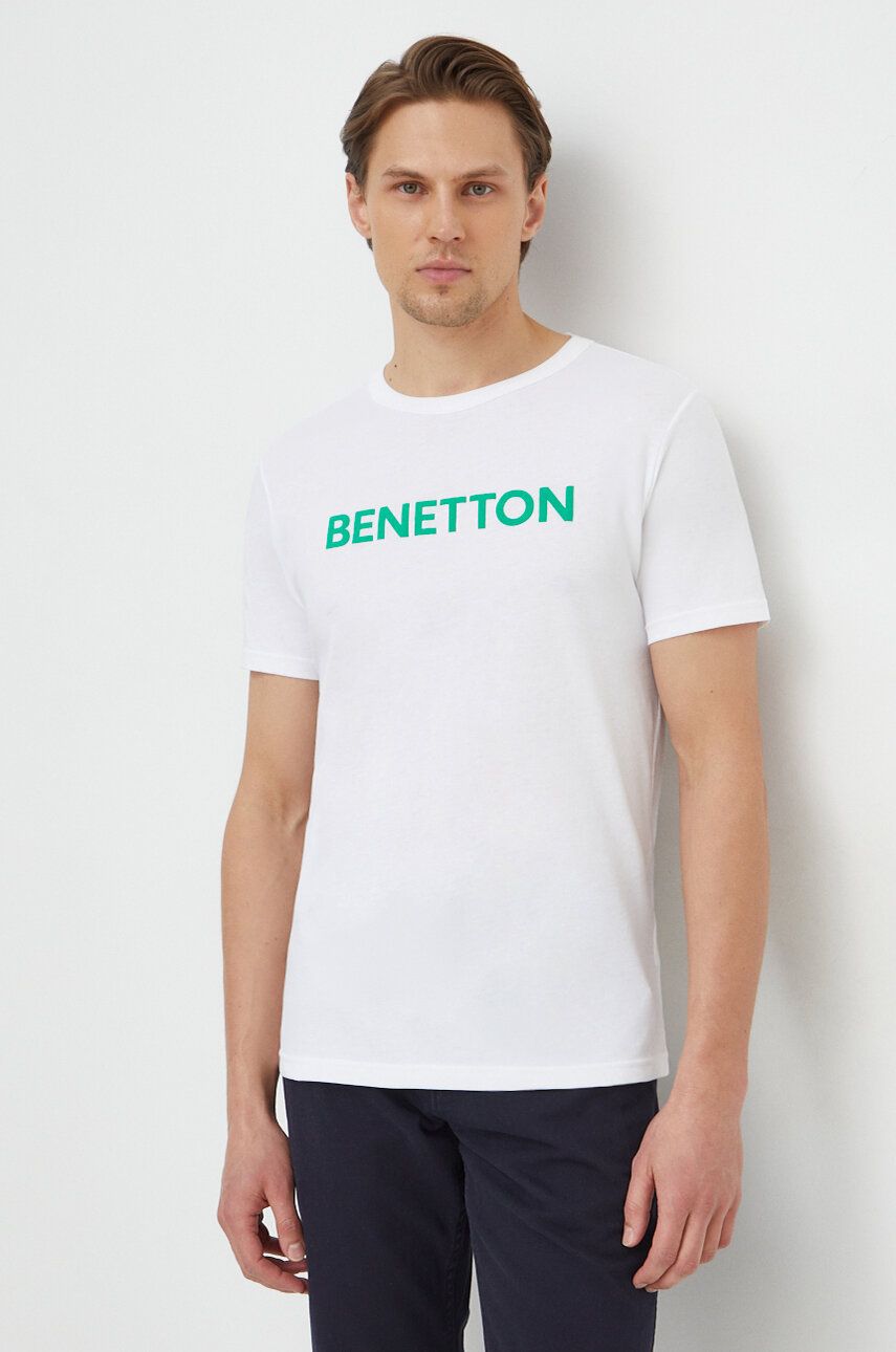 United Colors Of Benetton Tricou Din Bumbac Barbati, Culoarea Alb, Cu Imprimeu