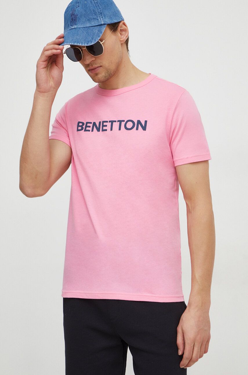 United Colors of Benetton tricou din bumbac barbati, culoarea roz, cu imprimeu
