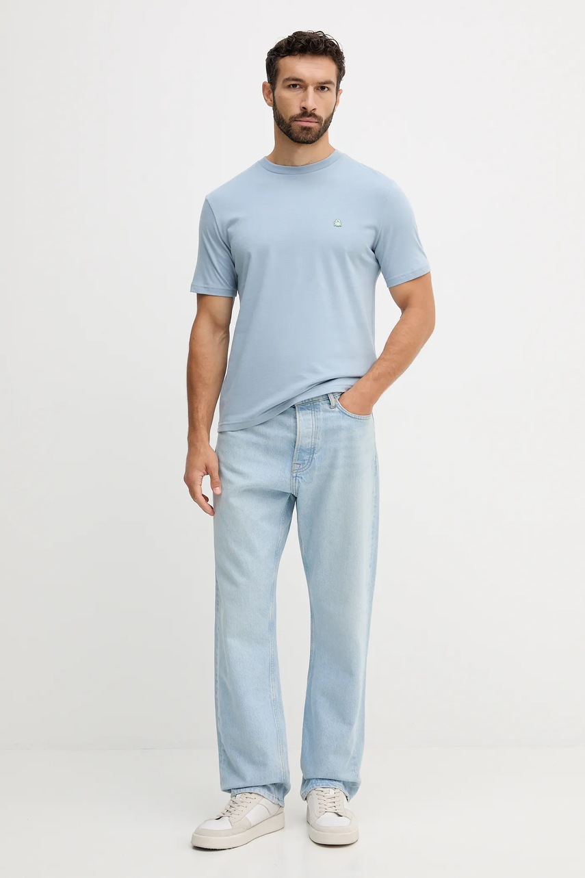 Хлопковая футболка United Colors of Benetton цвет зелёный однотонная 3MI5J1AF7