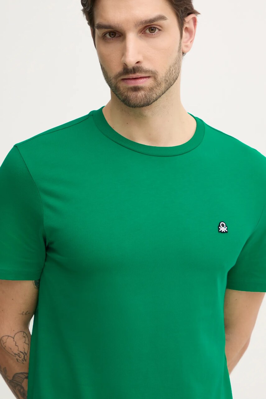 United Colors of Benetton tricou din bumbac barbati, culoarea verde, neted, 3MI5J1AF7