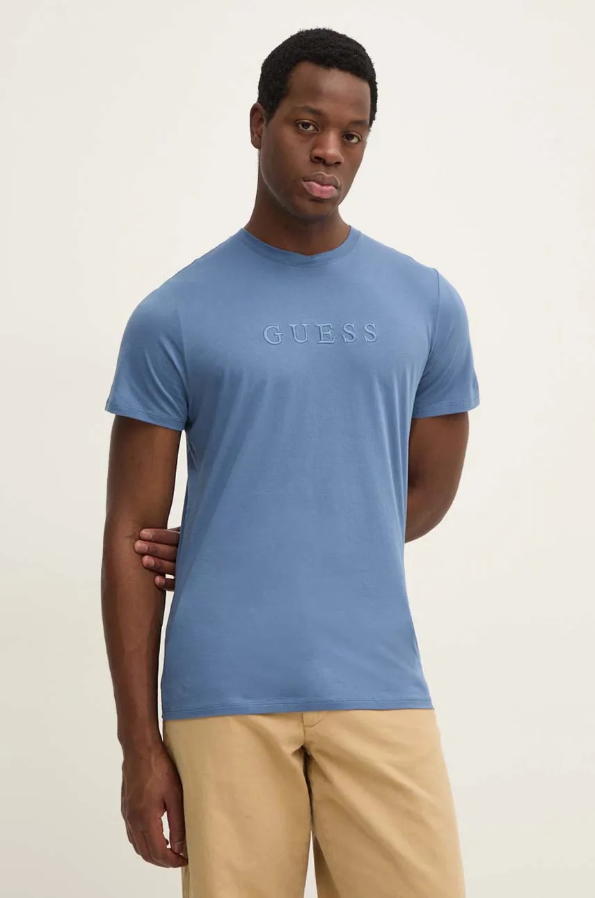 

Памучна тениска Guess в синьо с апликация, Син