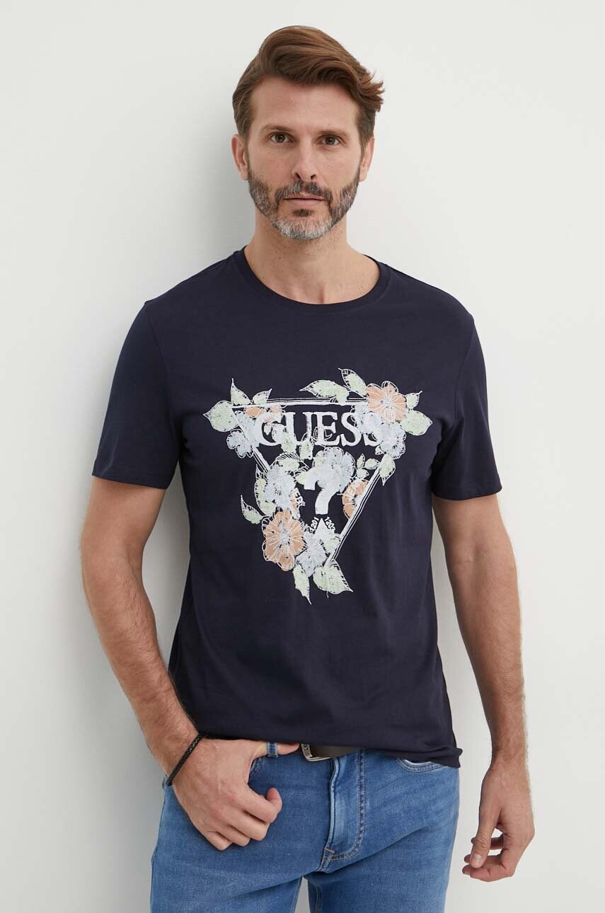 Levně Bavlněné tričko Guess FLOWERS tmavomodrá barva, s potiskem, M4GI11 I3Z14