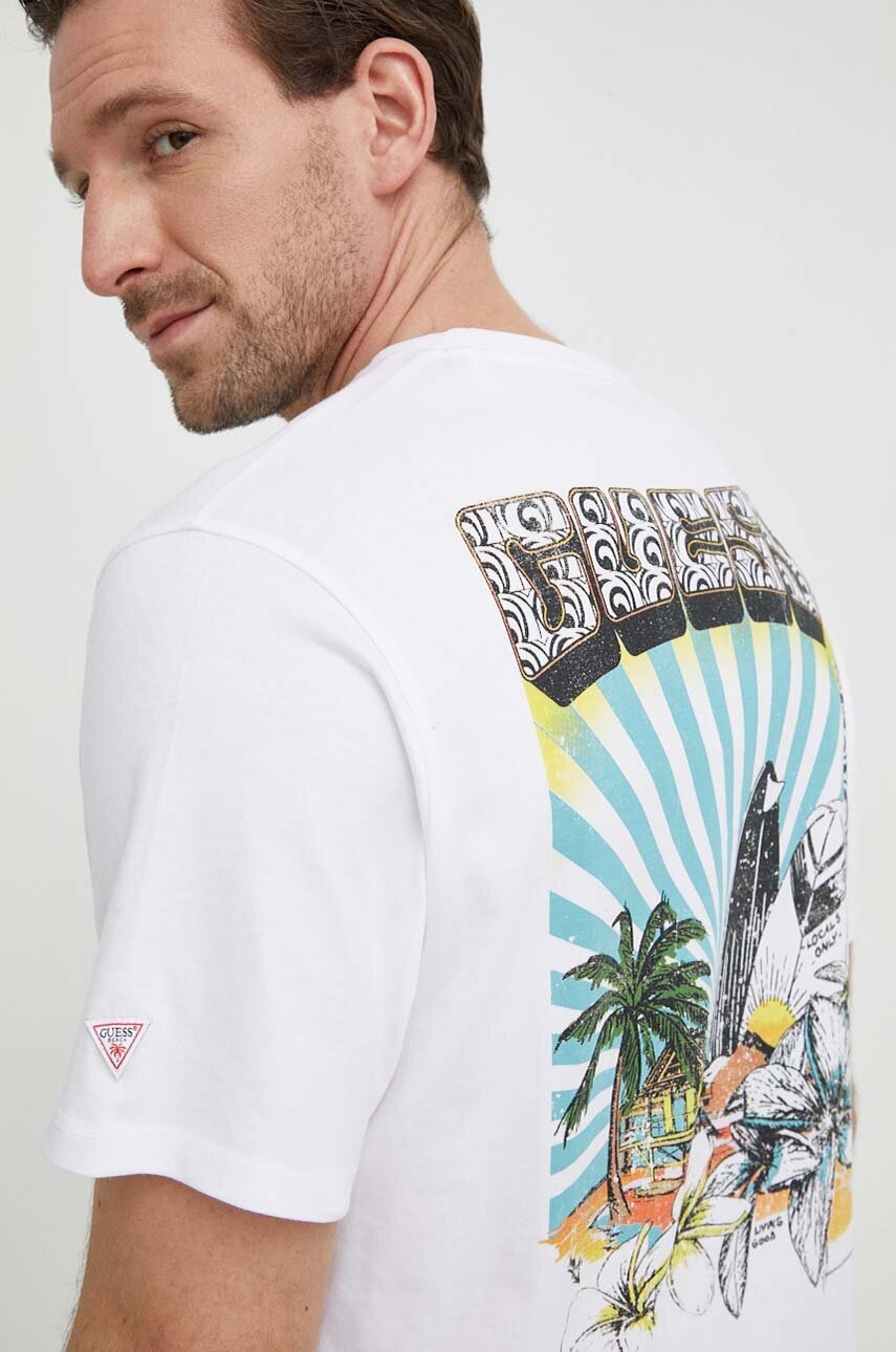

Памучна тениска Guess SURFING в бяло с принт F4GI07 I3Z14, Бял