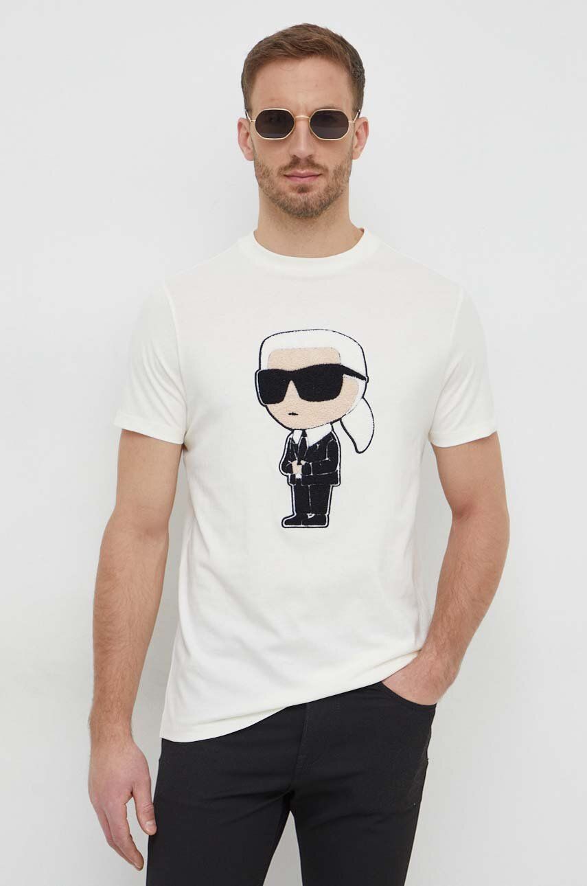 Karl Lagerfeld tricou din bumbac barbati, culoarea bej, cu imprimeu