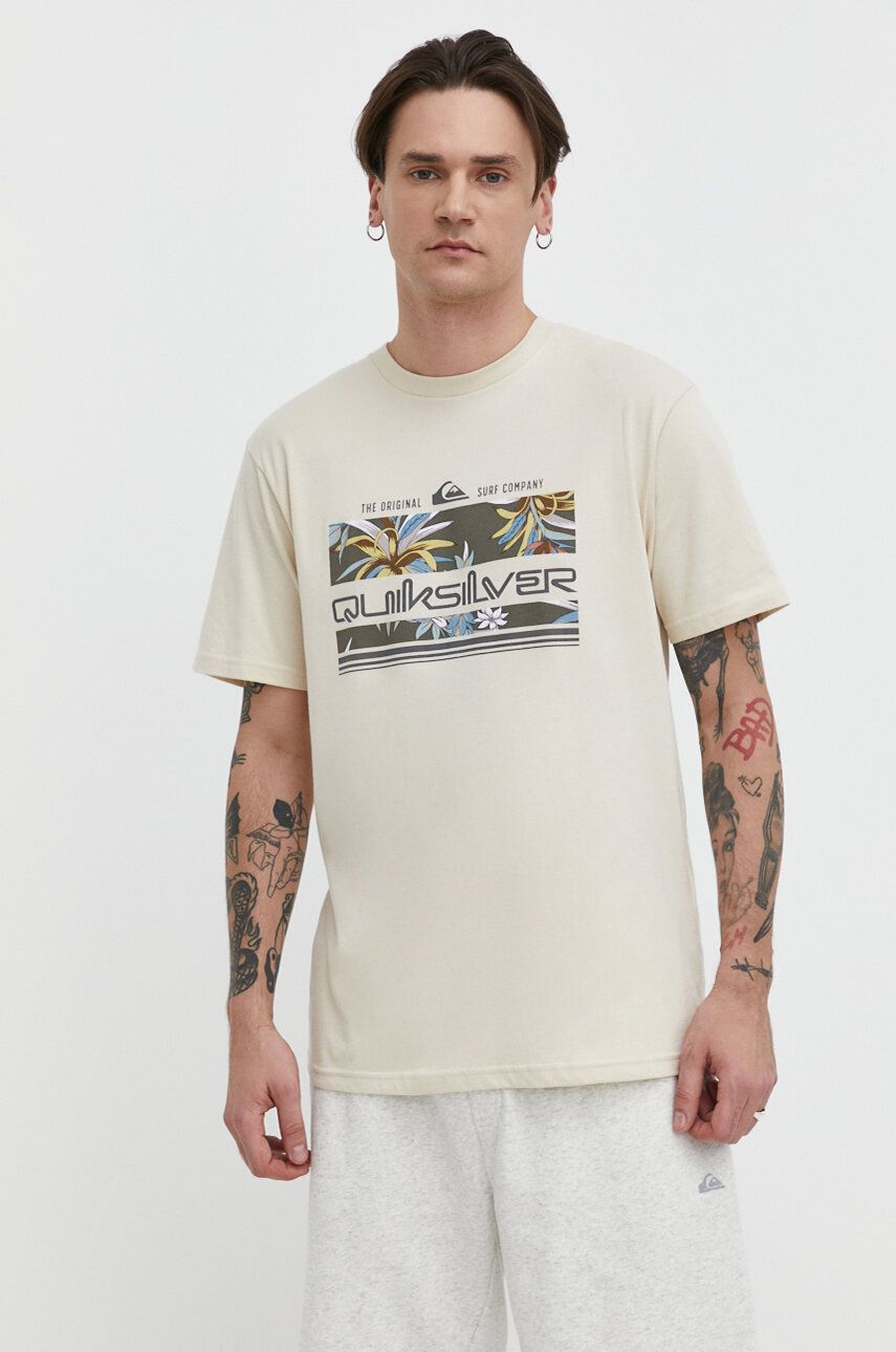 Βαμβακερό μπλουζάκι Quiksilver ανδρικά, χρώμα: μπεζ