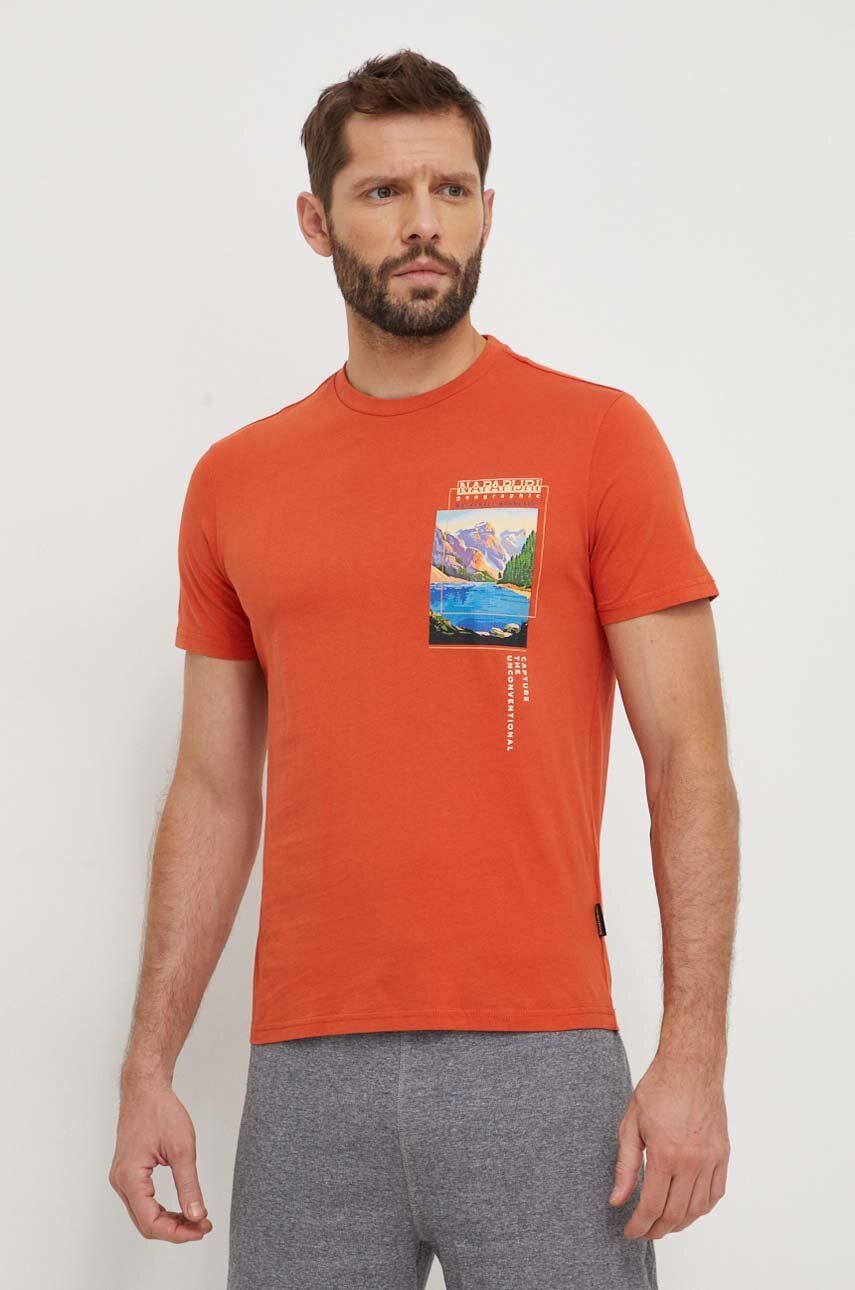 Napapijri tricou din bumbac barbati, culoarea portocaliu, cu imprimeu