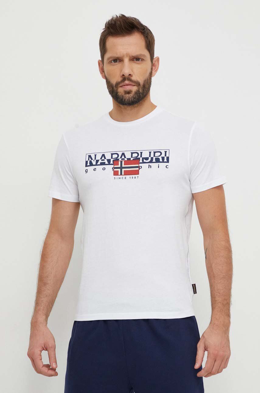 Napapijri tricou din bumbac barbati, culoarea alb, cu imprimeu